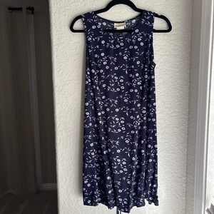 Women M Vintage 90s Sleeveless Mini Dress Navy Blue Tie Floral Summer Pleated